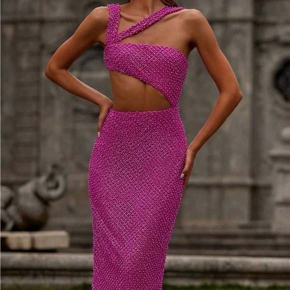 Hot pink , sexy cut out beaded midi dress - Picture 4 of 8